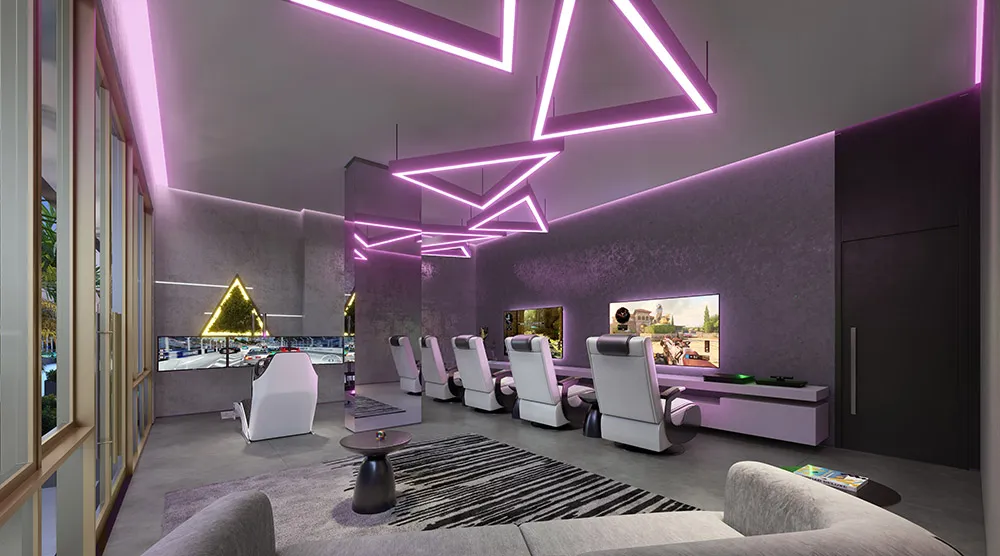 Perspectiva ilustrada do salão de jogos